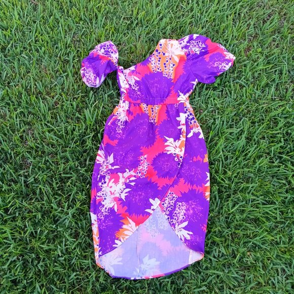 Fun floral puff  elastic waist high low M cotton mix dress - Picture 1 of 2